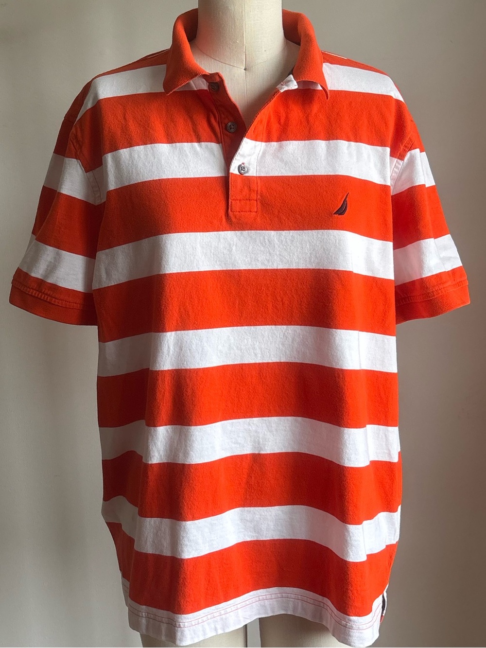 Men’s Nautical Orange and White Striped Classic Fit Cotton Polo w Blue  Logo SzL